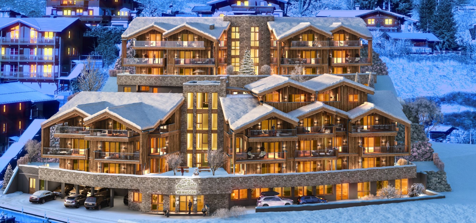 Alpenparks Viehhofen im Winter bei Nacht