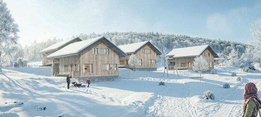 Winterzauber zwischen den Chalets Verschneite Ferienchalets aus Holz im Winter mit Bergwald und Feuerstelle in Bazora, Vorarlberg