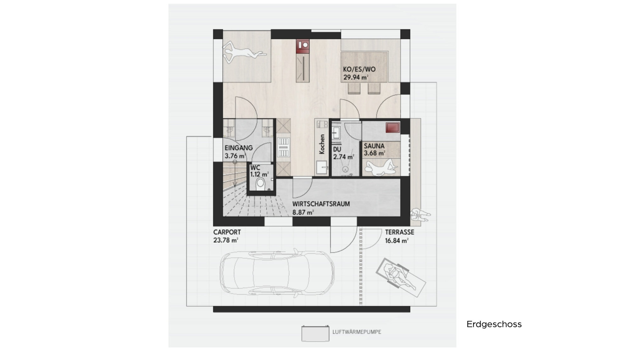 Grundriss Erdgeschoss des Ferienchalets Bazora mit Wohnraum, Küche, Sauna, Carport und Terrasse