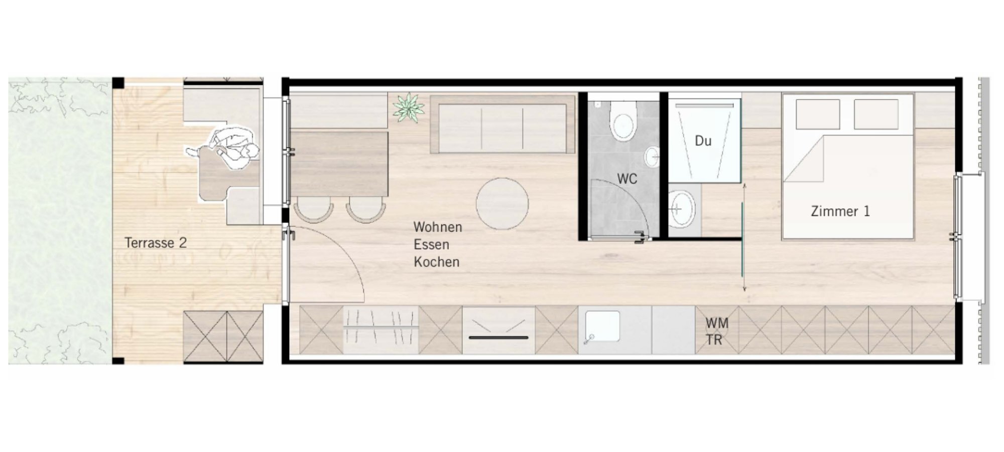 Grundriss einer Zweiraumwohnung an der Illstraße mit Wohnraum, Schlafzimmer, Bad und Terrasse