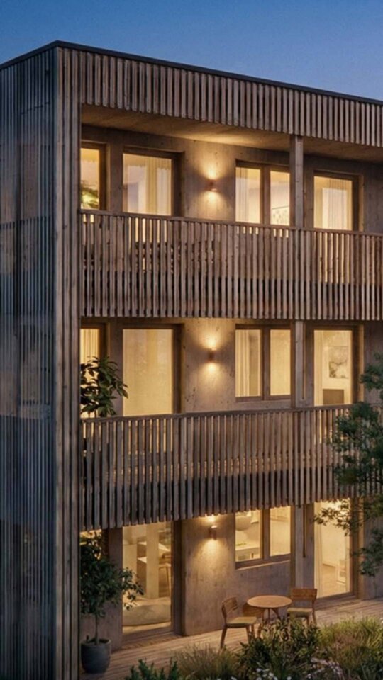 Beleuchtete Balkonfront des Holzhauses mit Zweiraumwohnungen am Abend in Feldkirch-Tosters