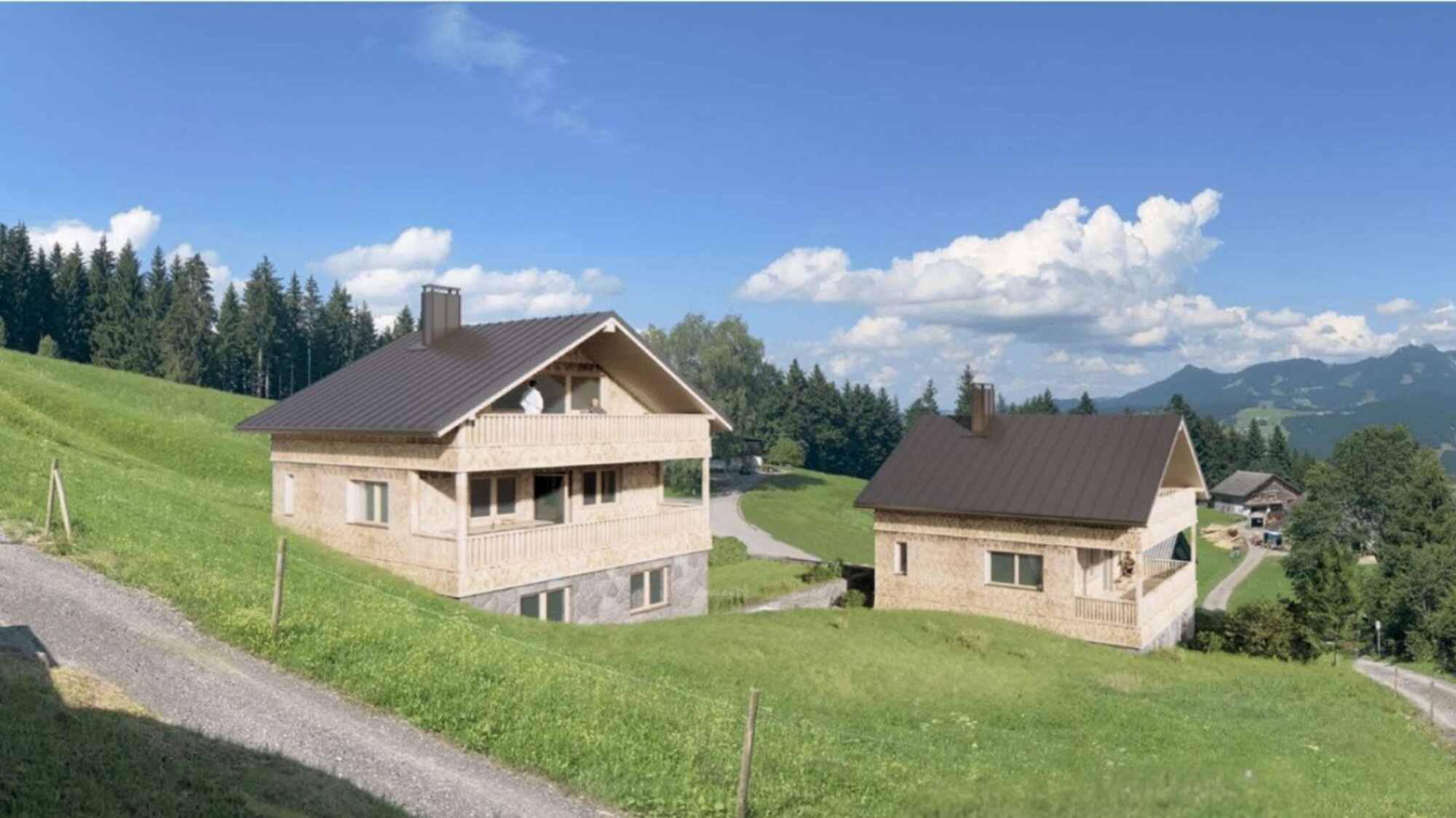 Zwei Ferienchalets aus Holz auf grüner Bergwiese im Sommer in Egg, Vorarlberg, Österreich