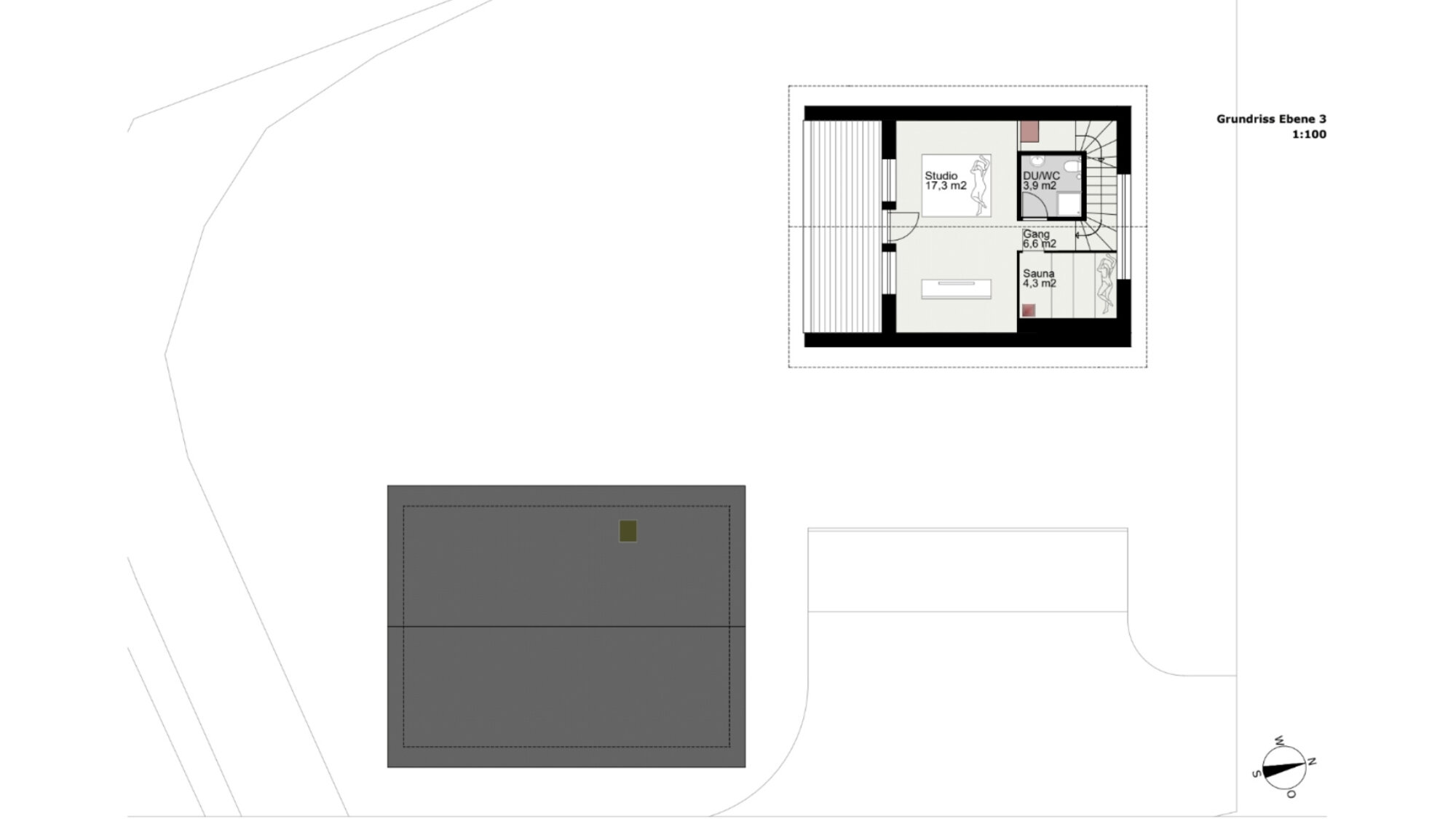 Grundriss Ebene 3 des Ferienchalets Moosalpe mit Studio, Sauna und Dusche/WC