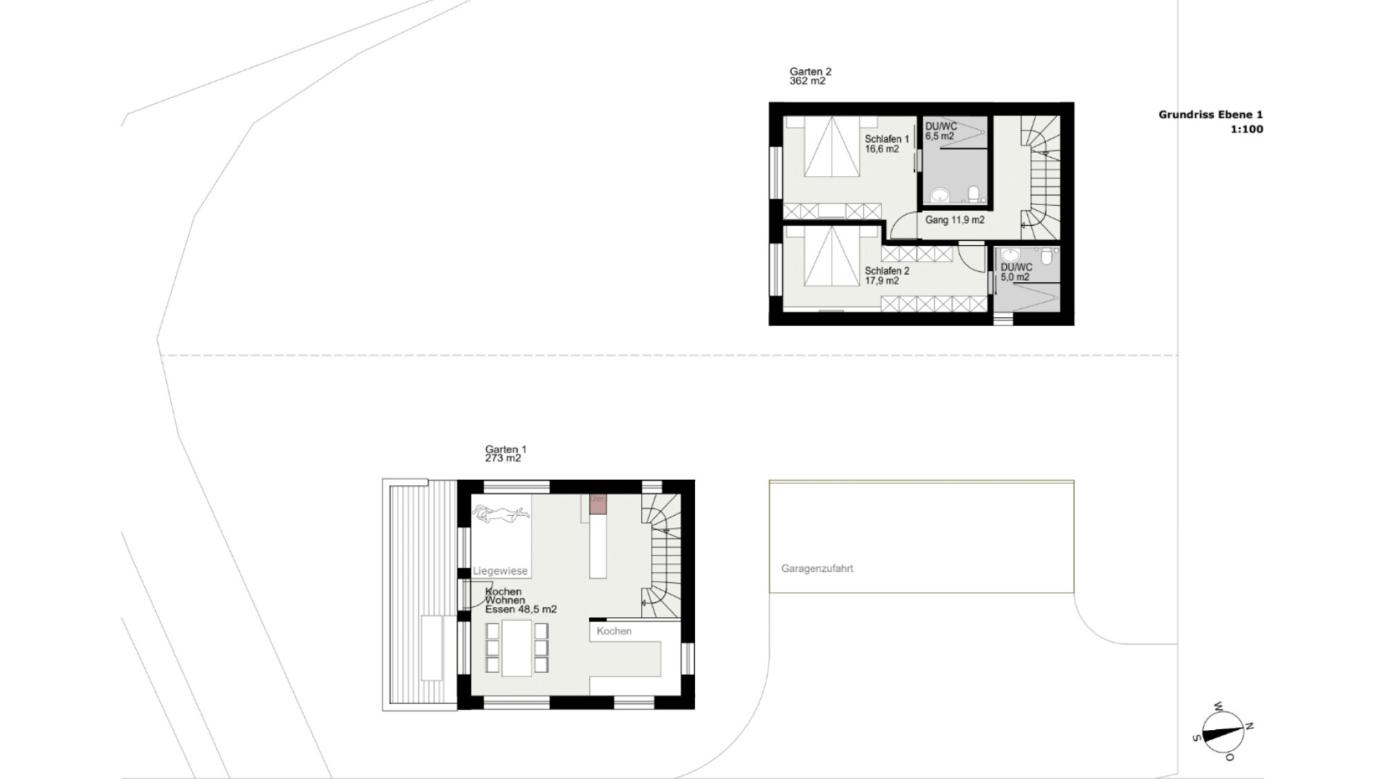 Grundriss Ebene 1 des Ferienchalets Moosalpe mit zwei Schlafzimmern und Wohn-Essbereich