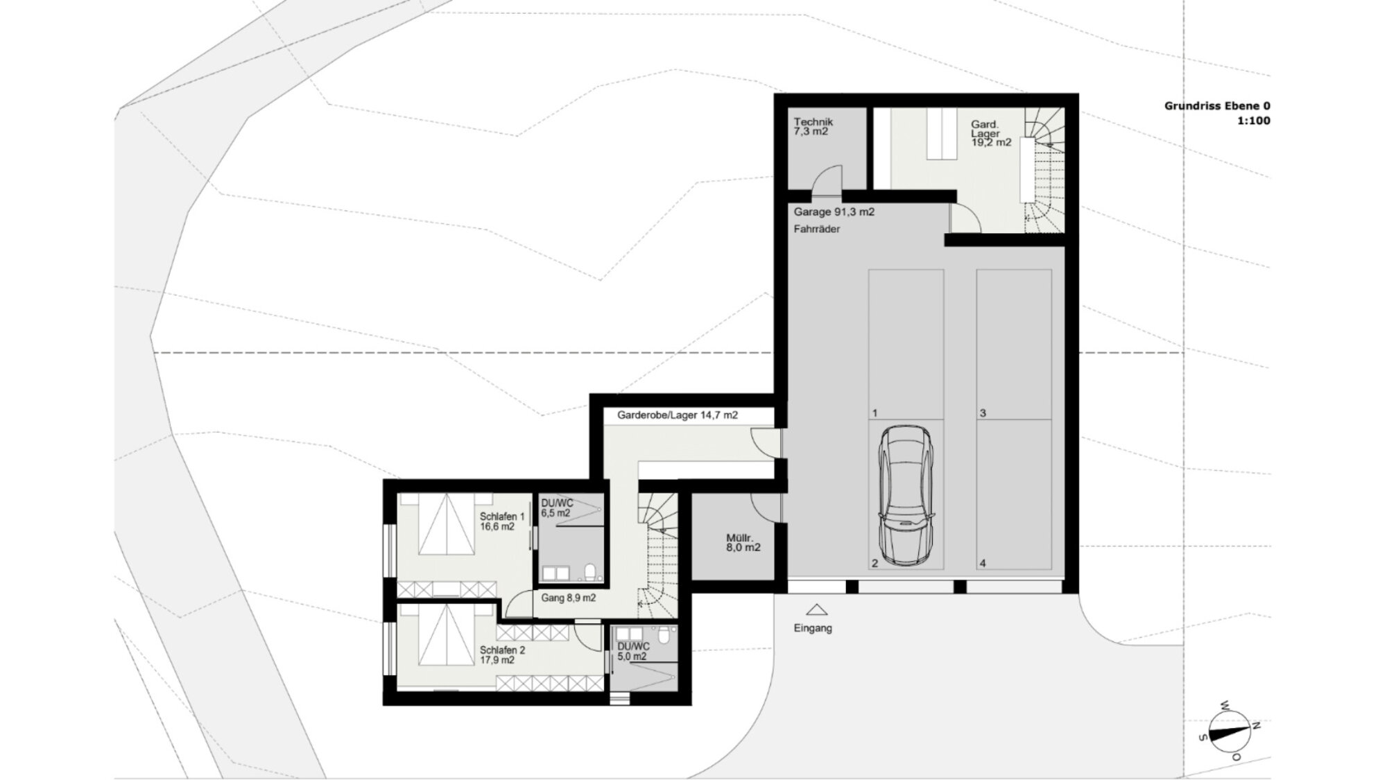 Grundriss Ebene 0 des Ferienchalets Moosalpe mit Garage, Schlafzimmern und Technikraum
