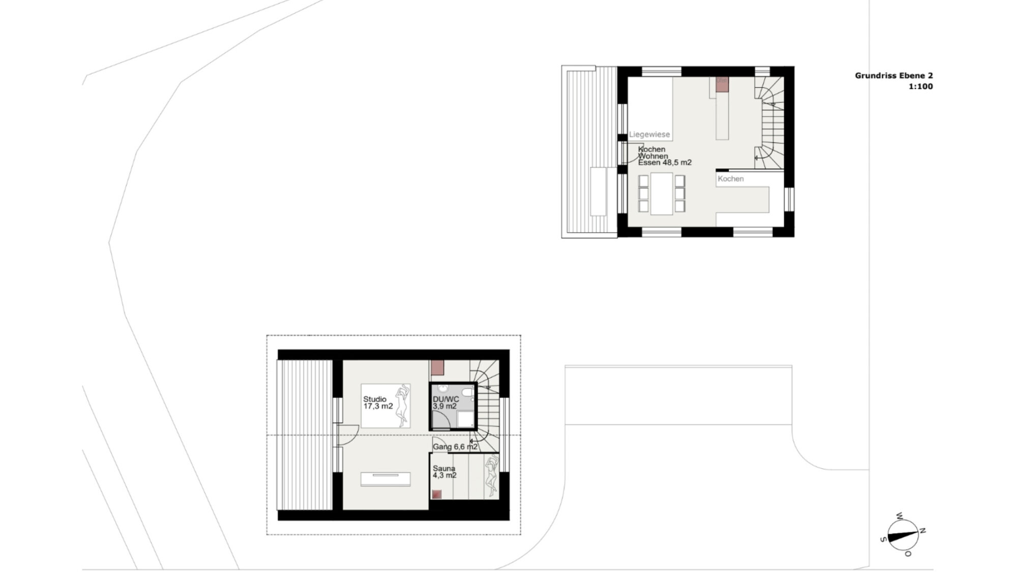 Grundriss Ebene 2 des Ferienchalets Moosalpe mit Wohn-, Ess- und Kochbereich sowie Studio
